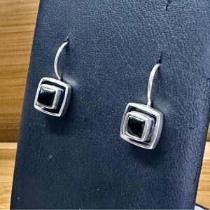 PEYOTE BIRD Sterling Silver Black Onyx Simple Square Bezel Drop Dangle Earrings